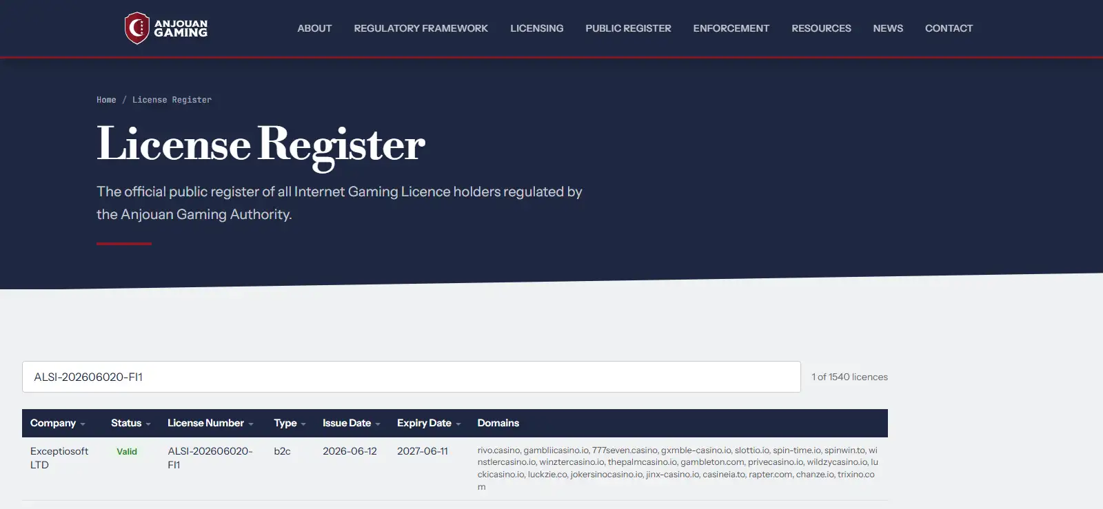 Anjouan Gaming register entry for winstlercasino.io