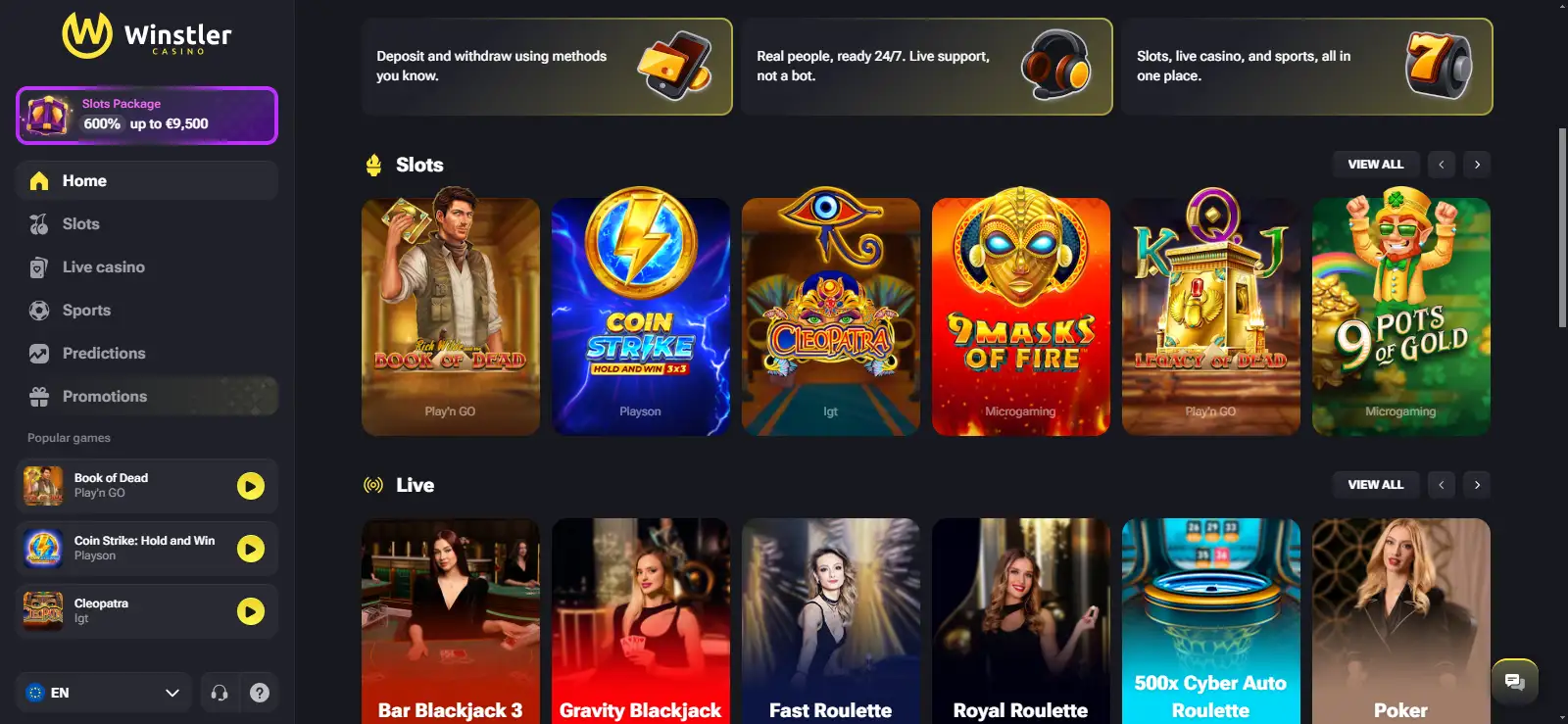 Current Winstler Casino homepage or account-facing interface