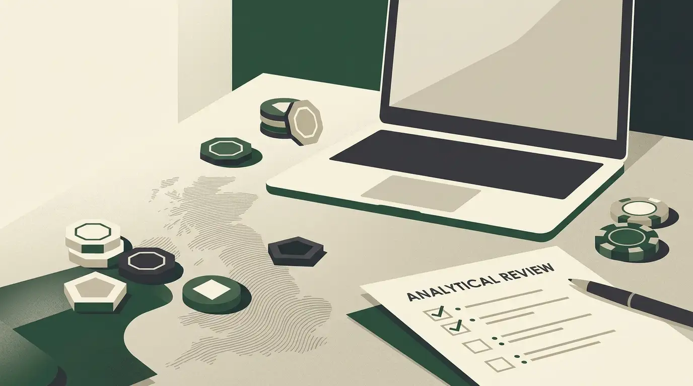 Editorial illustration representing a UK-focused casino review and evidence checklist