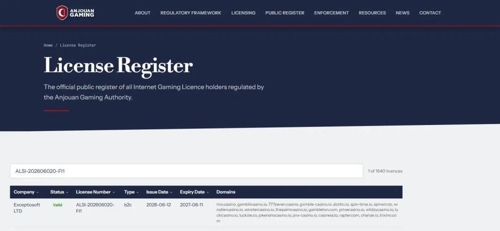 Anjouan Gaming register entry for Exceptiosoft LTD and winstlercasino.io