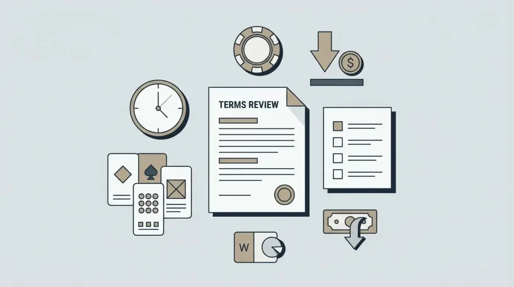 Editorial checklist concept for reviewing casino bonus terms such as deposit, wagering, expiry and game contribution