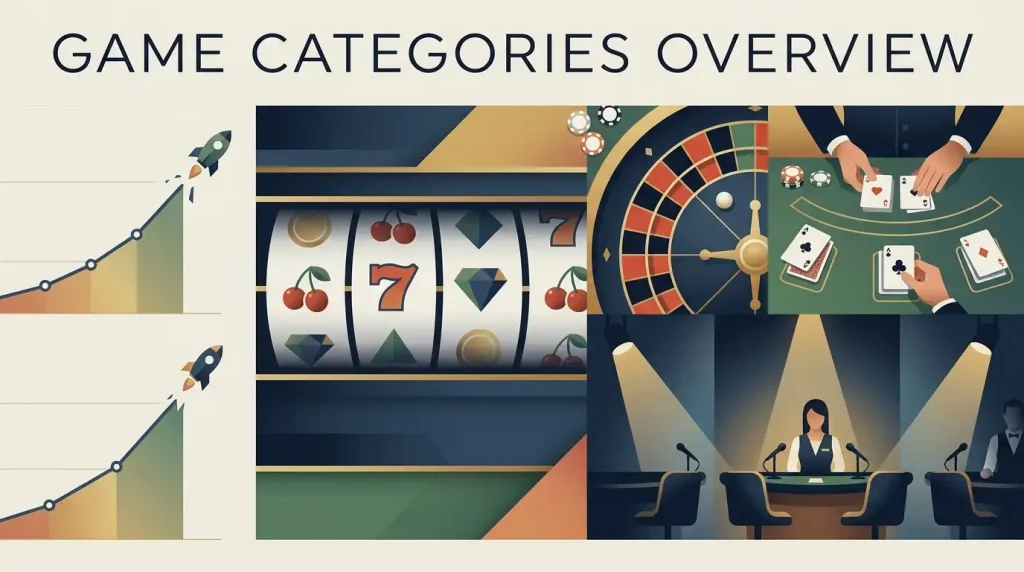 Editorial illustration of a multi-category casino library with slots, roulette, blackjack and live-dealer concepts