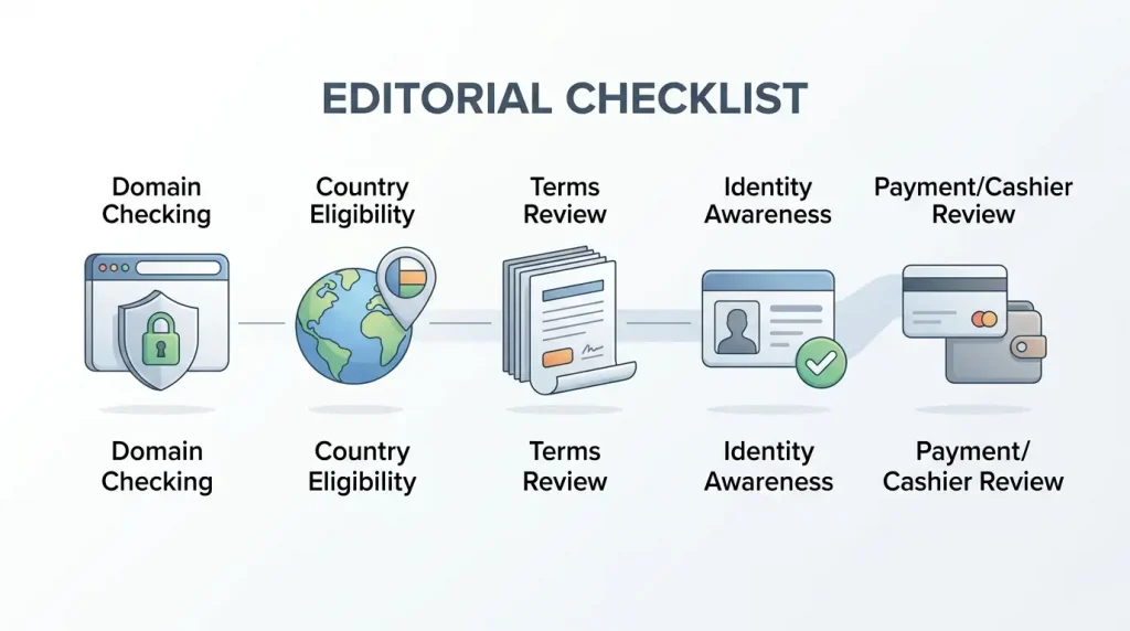 Generic account setup checklist showing domain, country, terms, identity and cashier checks without casino branding or a fake registration form