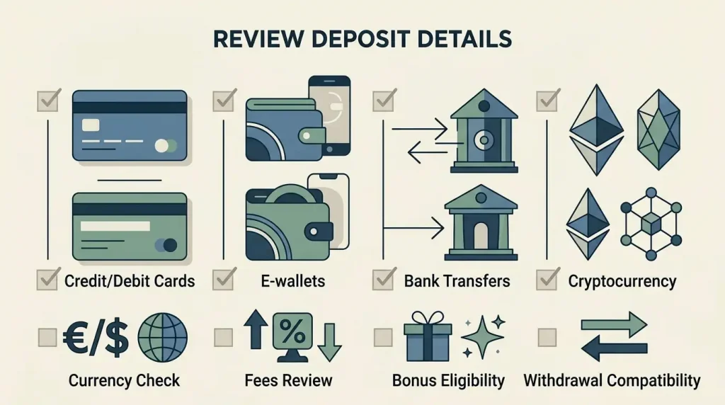 Generic deposit checklist showing payment method, account currency, fee and bonus checks without brand logos or transaction amounts