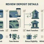 Generic deposit checklist showing payment method, account currency, fee and bonus checks without brand logos or transaction amounts