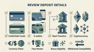 Generic deposit checklist showing payment method, account currency, fee and bonus checks without brand logos or transaction amounts