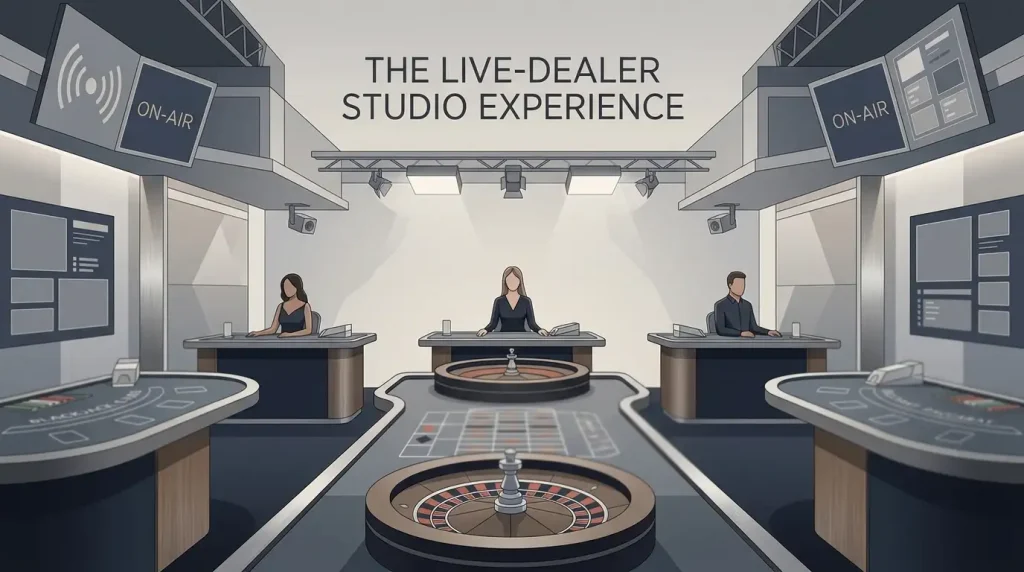 Generic editorial illustration of a live-dealer casino table with streaming studio lighting and card-game elements