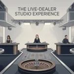 Generic editorial illustration of a live-dealer casino table with streaming studio lighting and card-game elements