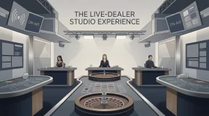 Generic editorial illustration of a live-dealer casino table with streaming studio lighting and card-game elements