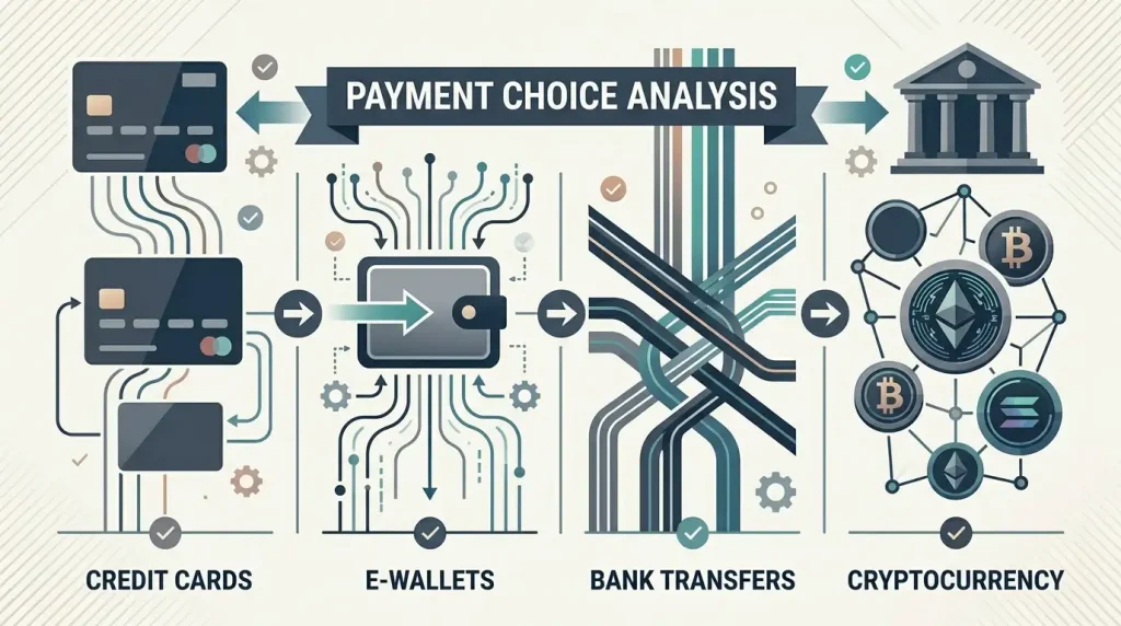 Generic editorial payment comparison showing card, e-wallet, bank transfer and cryptocurrency categories without brand logos