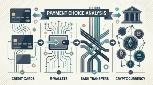 Generic editorial payment comparison showing card, e-wallet, bank transfer and cryptocurrency categories without brand logos