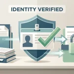 Generic identity verification concept with an abstract ID card, secure checkmark and document review symbols without casino branding or a fake KYC interface