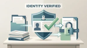 Generic identity verification concept with an abstract ID card, secure checkmark and document review symbols without casino branding or a fake KYC interface