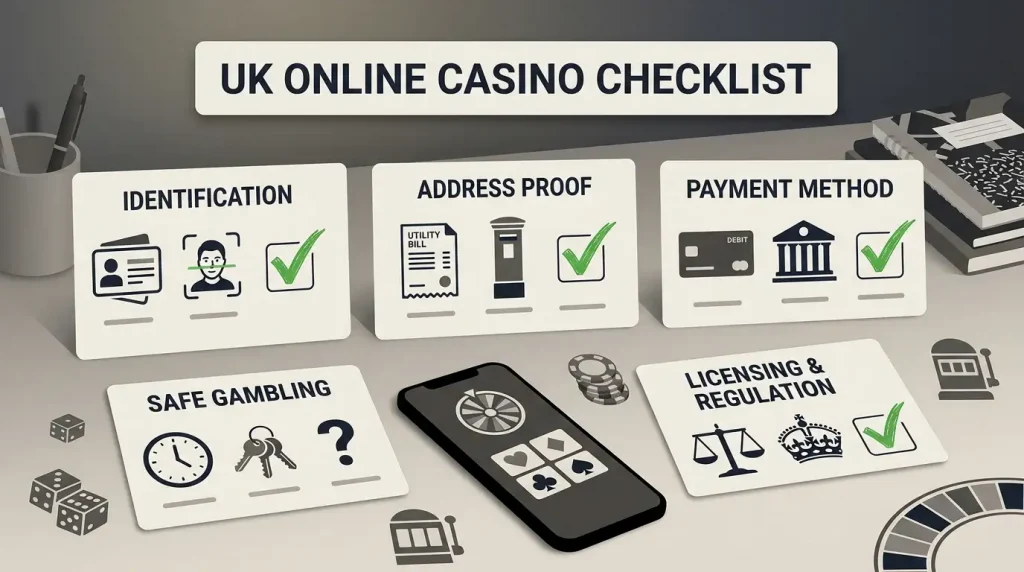 Generic UK online casino decision checklist with check marks and question marks, without Winstler branding or a casino interface
