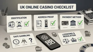 Generic UK online casino decision checklist with check marks and question marks, without Winstler branding or a casino interface