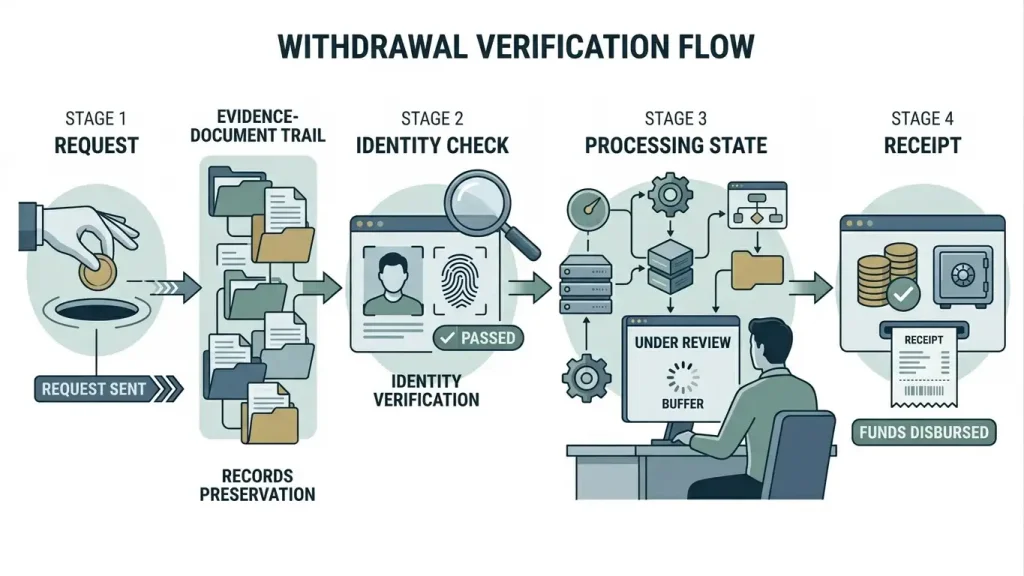 Generic withdrawal verification flow showing request, identity check, processing status and receipt without exact time labels or casino branding