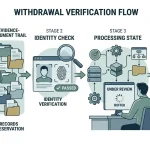 Generic withdrawal verification flow showing request, identity check, processing status and receipt without exact time labels or casino branding