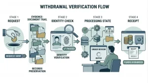 Generic withdrawal verification flow showing request, identity check, processing status and receipt without exact time labels or casino branding